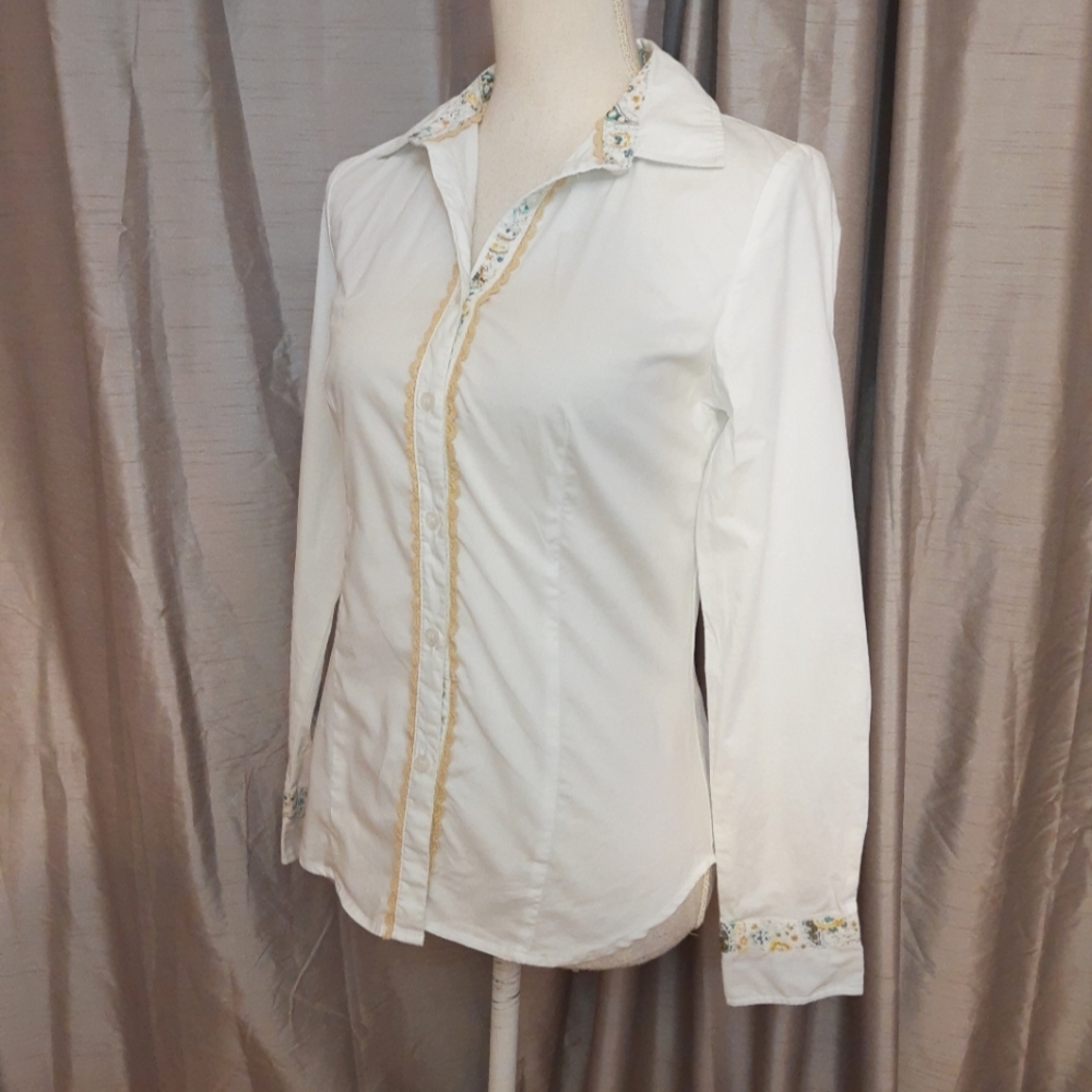 Joe Browns white long sleeve shirt UK 8 Paisley collar & sleeve trim - Picture 1 of 10
